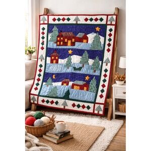 Folk Art Winter Village Appliqué Quilt Handmade Cottagecore 50x57‎